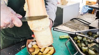 Swiss Raclette Huge Melted Cheese Tasted in Prague Street food of the Czech Republic [upl. by Edrock]