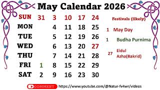 May Calendar 2026 maycalender2026 [upl. by Devlen]