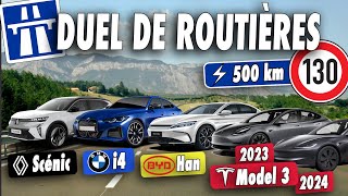 DUEL  TESLA Model 3 BMW i4 RENAULT Scénic ou BYD Han quelle est la meilleure routière [upl. by Irrem899]