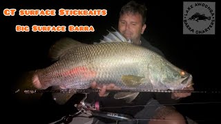 Catching Big Barra using Big 200mm Cast GT Surface Stickbaits at night [upl. by Sperling612]