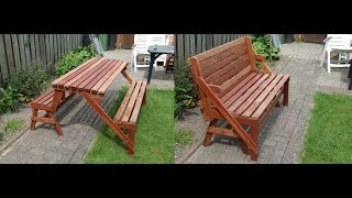 houten inklapbare picknicktafel verandert in tuinbank  zitbank ideaal voor kleine tuinen [upl. by Aihtennek308]