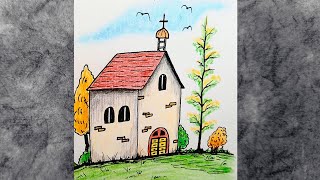 Church Scenery Landscape Drawing for Beginners  Church Colour Pencil and Ink Sketch Tutorial [upl. by Anahsit]