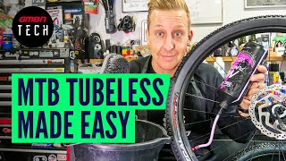 How To Convert Your MTB Wheels To Tubeless  Mountain Bike Tubeless Setup [upl. by Ziwot226]