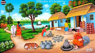 Indian Village Of Potters Scenery PaintingIndian Village Scenery Painting With EarthWatercolor [upl. by Iroc]