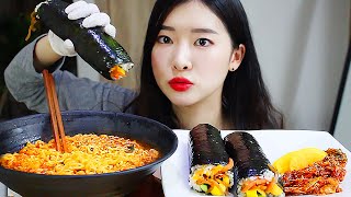 라면 2봉지 통김밥 리얼사운드먹방  Ramen Kimbap Mukbang キンパプ 五花肉紫菜饭 món cơm cuộn rong biển كيم باب [upl. by Myles]