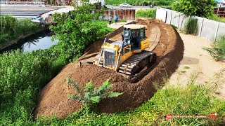 Wonderful Shantui Bulldozer Pushing Sand With Dongfeng Dump Trucks Dumping Sand Filling New Project [upl. by Elatnahs]