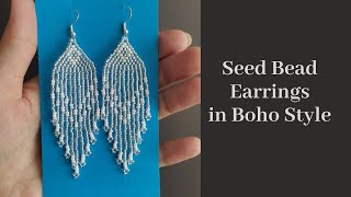 DIY seed bead earrings in boho style white silver beaded earrings making beading tutorial [upl. by Maffei]