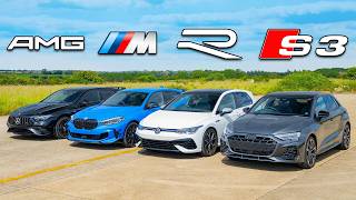 New Audi S3 v BMW M135i v AMG A35 v VW Golf R DRAG RACE [upl. by Alehtse676]