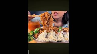 Black bean noodles with momos and chutney mukbang eatingshow food foodchallenge foodshow [upl. by Grantham]