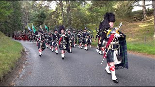 Continued march of the Lonach Highlanders through Strathdon in Scotland for 2018 Lonach Gathering [upl. by Ennairb854]