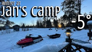 Winter night at my off grid cabin 5 below zero Lake effect snow Snowmobile ride in the woods [upl. by Ginni647]