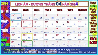 Lịch âm dương tháng 4 năm 2024  Lịch vạn niên tháng 42024 Ngày Lễ Tháng 42024 [upl. by Nolaj]