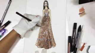 BEIGE CHIFFON DRESS WITH CRYSTALS Elie Saab  Fashion Drawing [upl. by Iormina]