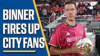 Jordan Binnington fires up St Louis City SC crowd [upl. by Ahtibat473]