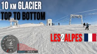 4K Skiing Les2Alpes 10 km Glacier Blue Top to Bottom at 3400 Metres France GoPro HERO11 [upl. by Monda]