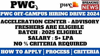 PWC OFFCAMPUS HIRING DRIVE 2024  ANY GRADUATE CAN APPLY  NO  CRITERIA APPLY NOW BEFORE DEADLINE [upl. by Lindahl660]