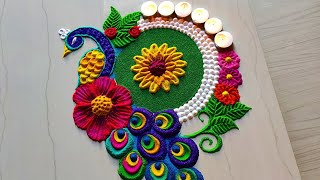 1185 Peacock rangoli designs for diwali  satisfying video  Sand art [upl. by Drahcir931]