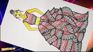 Mandala fashion art  Doodles pattern  fashion design with red gown  la crafts villa Art 56 [upl. by Tatum349]