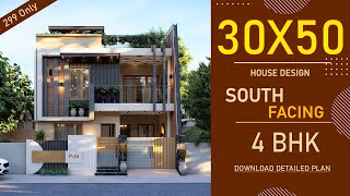 30x50 South Facing House Plan  1500 Square feet  4 BHK  3050 House Design 3D  30y50 House Plan [upl. by Ube151]