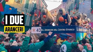 Carnevale dIvrea 2023 la Battaglia delle arance entra nel vivo in Piazza di Città [upl. by Yreme]