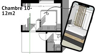 Chambre 10m2 à 12m2 plan d’aménagement fonctionnel projet 3D A ou B [upl. by Jacquie43]