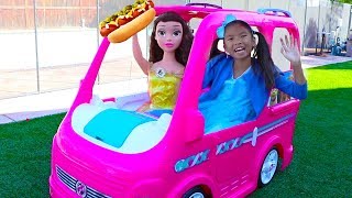 Wendy amp Belle Pretend Play w Barbie Power Wheels Camper Food Truck Rideon Toy [upl. by Roshan]