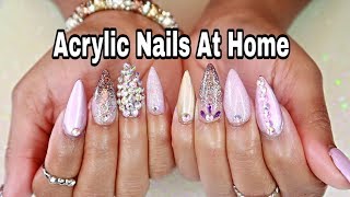 Watch Me Do My Own Valentines Day Nails  STILETTO NAILS W BLING [upl. by Ahsa]