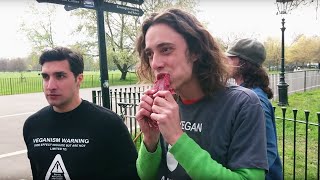 AntiVegan Campaigning  Eating Raw Meat  Speakers Corner Hyde Park London [upl. by Salkcin]