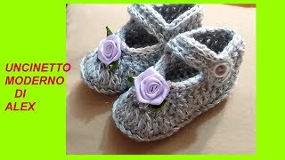 TUTORIAL UNCINETTO SCARPINE BEBE senza mai tagliare il filo 0 3 MESI [upl. by Serafine640]