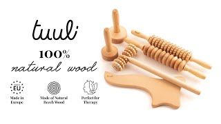 Wooden Massager Set for Maderotherapy  Paddle Rollers Massage Cups  Tuuli [upl. by Yrtnahc]