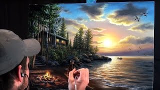 Acrylic Landscape Painting Timelapse  Sunset at the lake [upl. by Aicssej591]