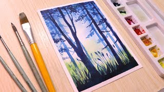 Watercolor painting for beginners of trees and forest landscape easy [upl. by Enenaej16]