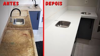 Bancada e mesa de GRANITO revestidas com PORCELANATO INCRÍVEL transformação Do início ao fim [upl. by Doy878]