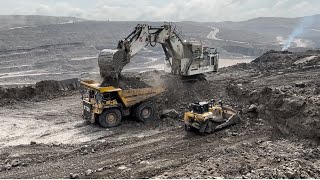 LIEBHERR R 9350 EXCAVATOR LOADING ON TRUCKS HD 785 KOMATSU AND OHT 777D CATERPILLAR  MININING STORY [upl. by Torr]