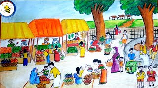 How to draw village market drawing easyvillage market scenery for beginners market drawing easy [upl. by Notxam]