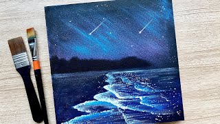 Glittering Night Beach  Easy Acrylic Painting  step by step  Daily Challenge 91 [upl. by Airtemak786]