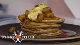 Plantain pancakes with jerk honey butter Get the recipe [upl. by Tserof]