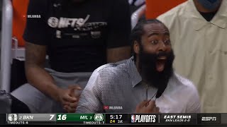 James Harden on the bench screaming about defense 😀 Bucks vs Nets Game 3 [upl. by Whittemore]