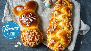 Hefezopf bzw Osterzopf und Osterhasen mit Mandeln backen [upl. by Aziza]