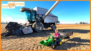 Harvesting crops with kids power wheel tractor amp real combine harvester farm Educational  Kid Crew [upl. by Annenn776]