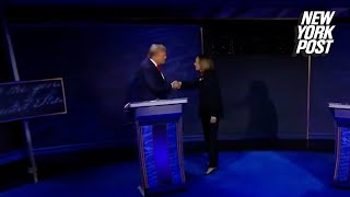 Kamala Harris forces Donald Trump into a handshake at the beginning of the debate [upl. by Audwin]