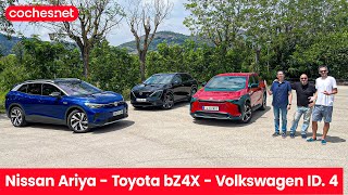 Comparativa eléctricos Nissan Ariya  Toyota bZ4X  Volkswagen ID 4 Review en español  cochesnet [upl. by Ativad547]