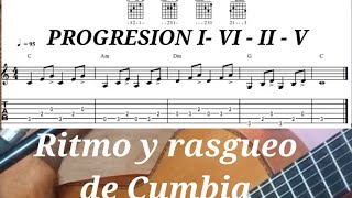 Ritmo y rasgueo de cumbia en guitarra con progresión 1 6 2 5 [upl. by Ariamo158]