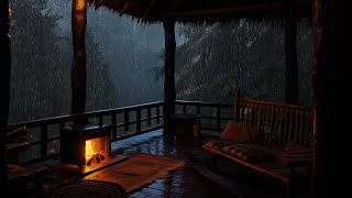 Get to Relaxation on Balcony Cabin with Fireplace and Cozy Rain Falling in the forest [upl. by Shenan]