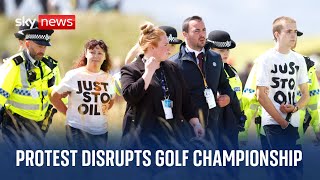 Just Stop Oil Protesters disrupt The Open golf championship [upl. by Anwahsal699]