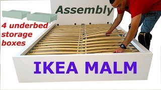 Ikea MALM Bed frame assembly with 4 storage boxes Whiteluröy [upl. by Aicatsue61]