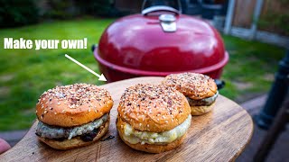 UK Dry aged beef burgers on a Weber kettle BBQ [upl. by Hodge]