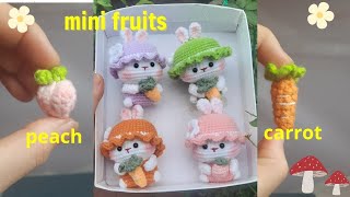 How to crochet mini carrots 🥕and peaches🍑  hướng dẫn móc quả đào và củ cà rốt mini gắn thỏ đội mũ [upl. by Llehcnom]