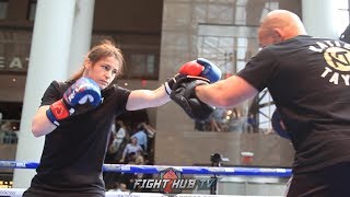 KATIE TAYLOR SHOWS OFF HER SPEED AND ACCURACY DURING HER OPEN WORKOUT IN NYC  JOSHUA VS RUIZ [upl. by Ydnew878]