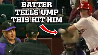 JT Realmuto tells the ump he got hit and Bud Black gets mad a breakdown [upl. by Eibot]